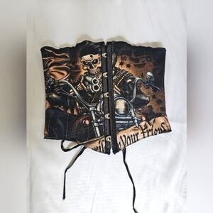 IAMKOKO.LA Corset Reworked Graphic Print Biker Skeleton Front Snap Lace Up Back